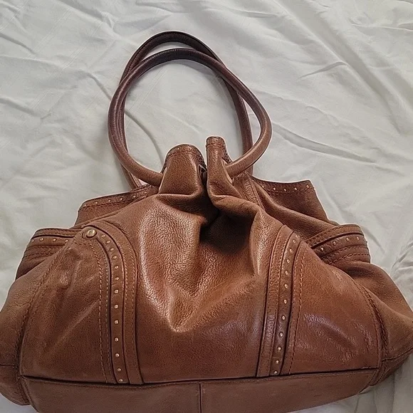 Cole Haan Dillan Ruched Cognac Brown Studded Satchel Bag Y2K Messy Fabulous - Picture 14 of 16